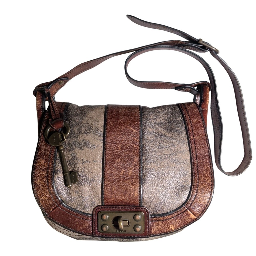 FOSSIL Two Tone Brown Leather Flap Crossbody Messenger Bag Purse Boho Bohemian
